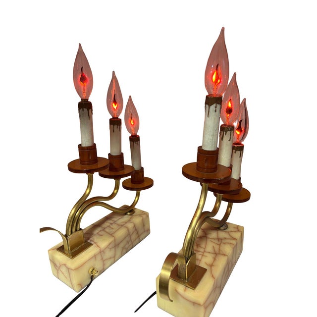White 1930s Hollywood Regency Three Candle Bakelite & Brass Table Lamp - a Pair For Sale - Image 8 of 9