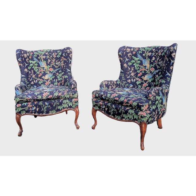 Chinoiserie Pair of Vintage Queen Anne Wingback Chairs in Sanderson Chinoiserie Hall Upholstery For Sale - Image 3 of 10