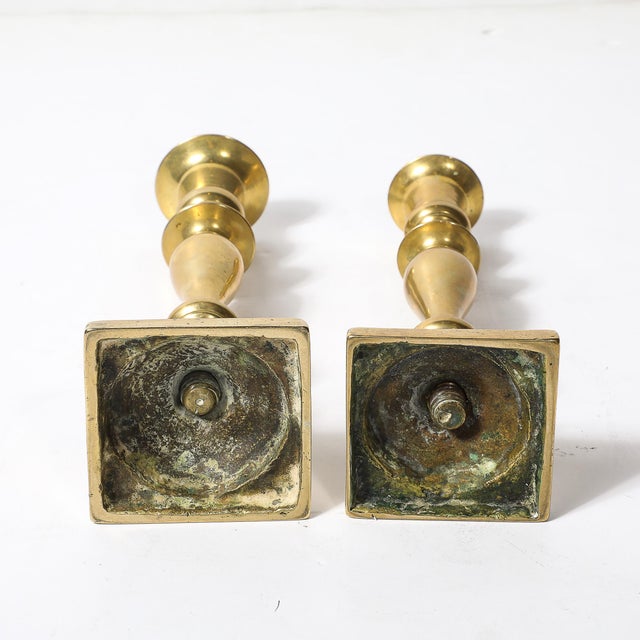 Near Pair Neoclassical Balustrade Form Brass Candleholders With Square Bases For Sale - Image 11 of 11