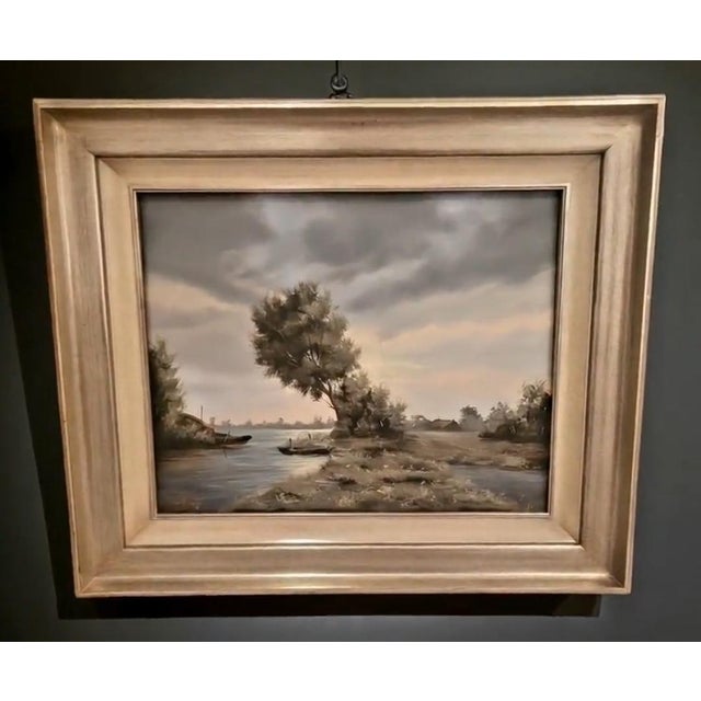 W. Kroon, Dutch River Landscape with Boats & Countryside, 1930s, Oil Painting, Framed For Sale - Image 7 of 9