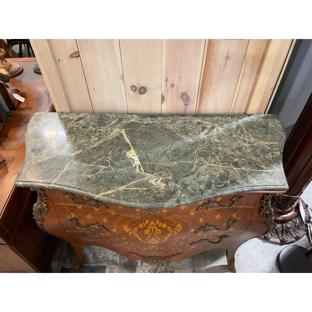 French Provincial Inlaid Wood Bombe Chest With Tan Marble Top For Sale - Image 3 of 9