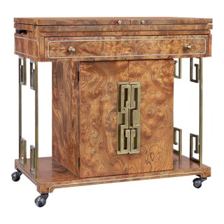 1970s Vintage Burl Wood and Brass Bar Cart by Bernhard Rohne for Mastercraft For Sale