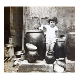 Small 1965 Child Rabbits and Pottery Snapshot Photograph