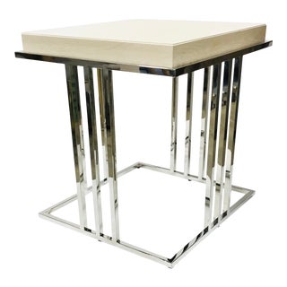 Modern Polished Nickel and Beige Wood End Table For Sale