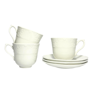 1990s Contemporary Johnson Brothers “Richmond White” 3 Ceramic Tea Cups & Saucers - 6pcs
