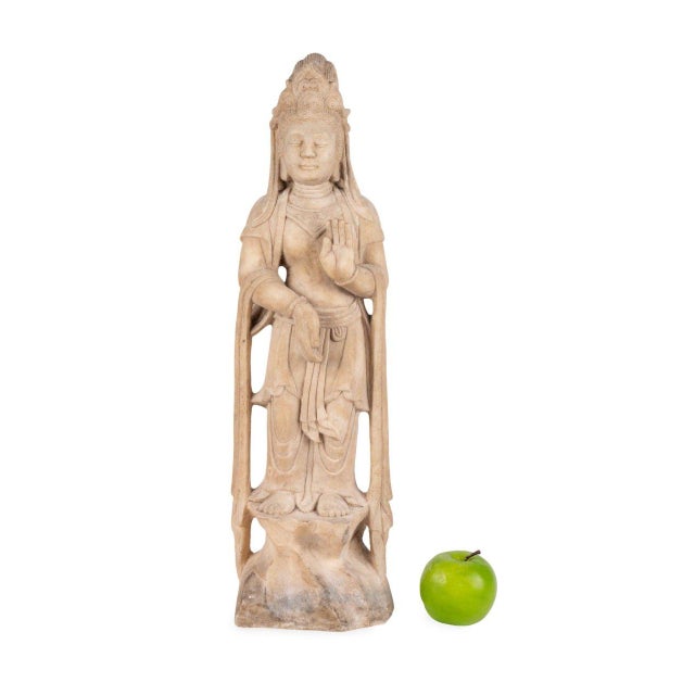 Boho Chic Vintage Southeast Asian Carved Stone Figure of Bodhisattva Guanyin For Sale - Image 3 of 8