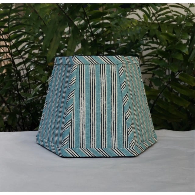 Aqua Indigo Stripe Linen Hexagon Frame Small Clip On Lamp Shade For Sale - Image 11 of 11