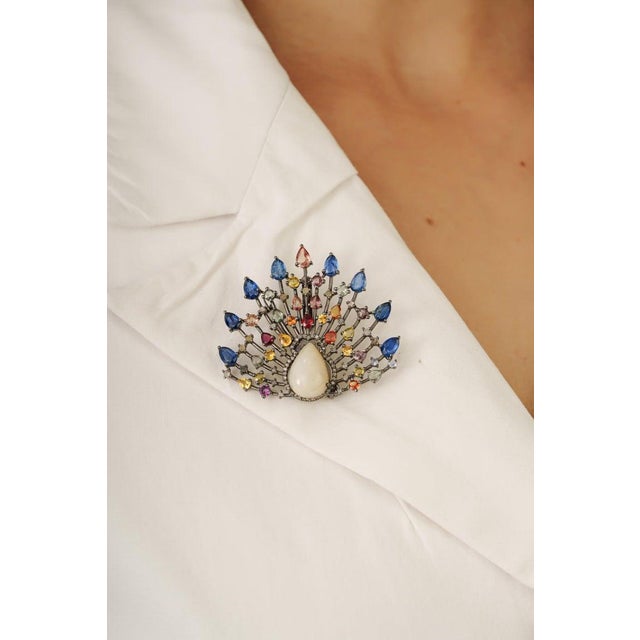 Gemstone Celestial Fan Brooch Pendant With Opal, Sapphires & Diamonds For Sale - Image 7 of 12
