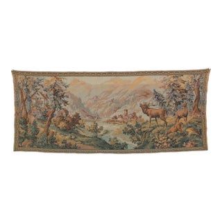 Vintage Alpine Mountain Chalet Deer Woodland Scene Flemish Tapestry For Sale