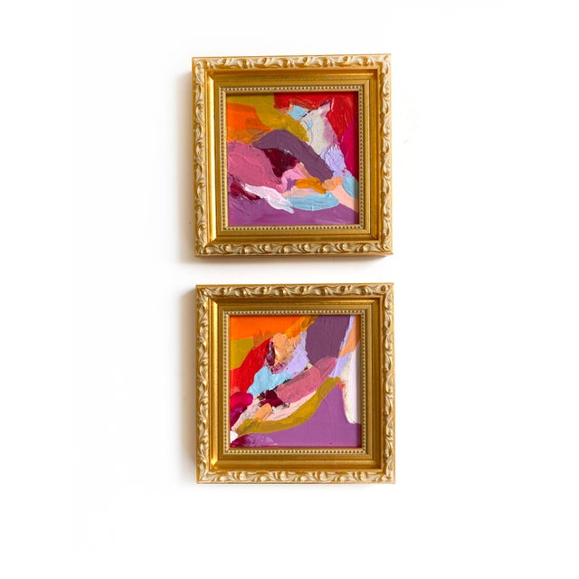 Two original mini paintings by Jessalin Beutler in a set with matching gold frames. Artwork is mixed media on canvas...