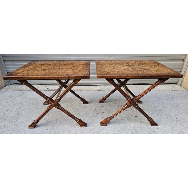 This set of Vintage Weiman Furniture Hollywood Regency Burl and Brass X-Base Side Tables is timeless and gorgeous, with...