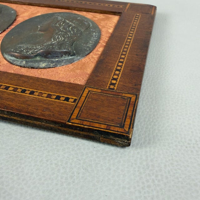 Brown High Relief Metal Plate of Dante and Beatrice with Inlaid Wood Frame For Sale - Image 8 of 11