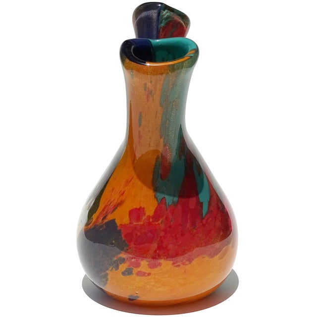 Mid 20th Century Murano Vintage Painterly Oriente Design Gold Flecks Italian Art Glass Abstract Double Spout Flower Vase For Sale - Image 5 of 10