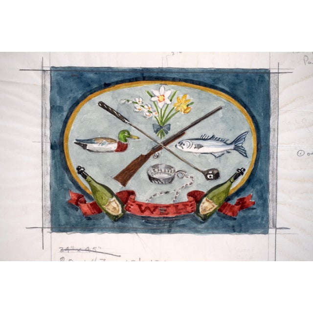 Traditional Watercolor Design for a Bar Area Rug W/ X'd Golf Club/ Shooting Gun & Champagne Bottles 1968 by George Wells (1906–1988) For Sale - Image 3 of 4