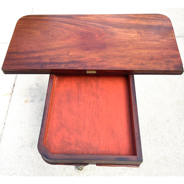 Early 19th Century Antique Flame Mahogany, Regency-Style, Flip-Top, Rotating, Game Table, W/Hidden Drawer, Carved Pedestal, Brass Claws and Casters. C1810 to 1820 For Sale - Image 5 of 12