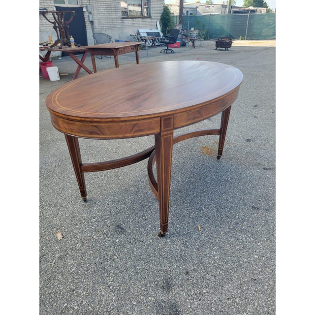 English English 19th Century Mahogany Inly Oval Conference Table/ Center Table/ Desk Table. For Sale - Image 3 of 16