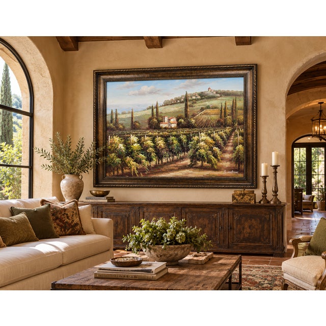 Army Green Late 20th Century Monumental Signed B. Andrews Tuscan Vineyard Landscape Oil Painting, 54" For Sale - Image 8 of 18