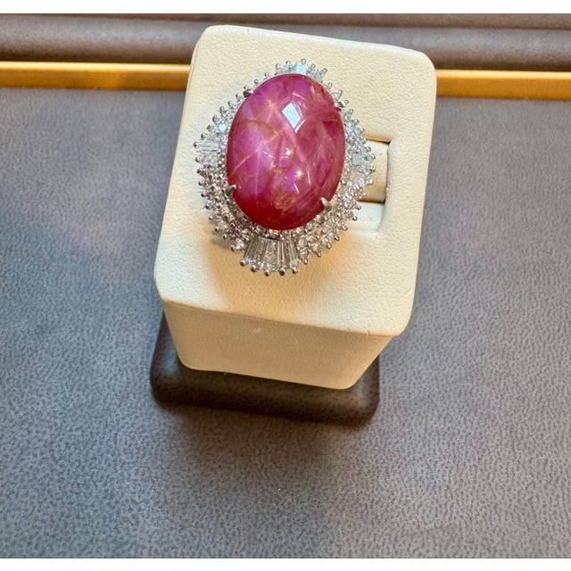 Pink Vintage 21 Ct Star Oval Natural Ruby Cabochon & 2.45 Ct Diamond Ring , Platinum For Sale - Image 8 of 18