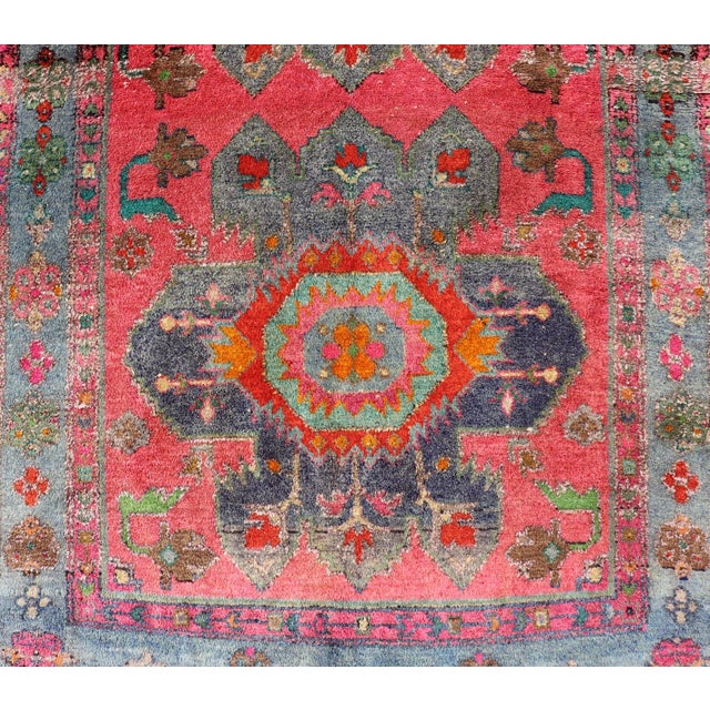 Mid 20th Century Vintage Caucasian Kazak Rug With Twin Medallions and Blue Border 3'9 X 6'1 For Sale - Image 5 of 12