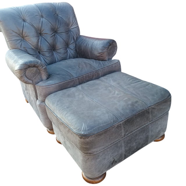 2000 - 2009 A Stunning Bluish-Grey Distressed Lake Hickory Collection Leather Chair & Ottoman. For Sale - Image 5 of 9