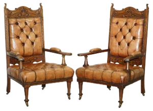 Set of Art Nouveau Chesterfield Brown Leather Armchairs