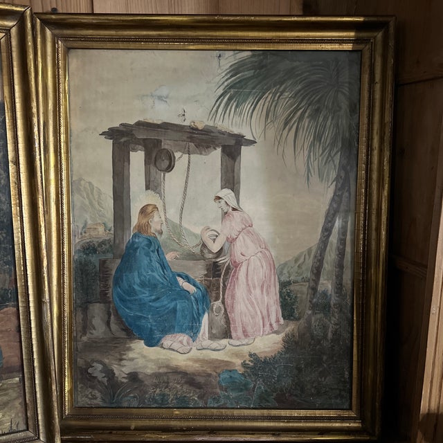 American Early 19th Century Original Painting on Paper - Jesus and the Samaritan and I Another Woman and Shepard Man- With Gorgeous Back Drop, Framed For Sale - Image 3 of 12