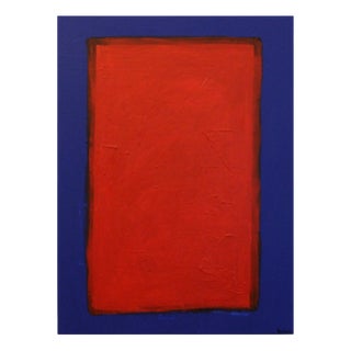 Bodasca, Red on Blue Abstract Composition, 2025, Acrylic on Canvas For Sale