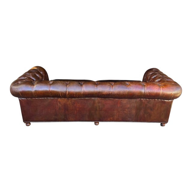 Brown Restoration Hardware Chesterfield Cognac Leather Sofa With Brass Nailhead & Casters For Sale - Image 8 of 18