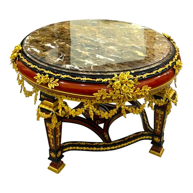French Empire Style Round Center Table – Marble & Glass Top With Gold Leaf and Bronze Floral Details For Sale