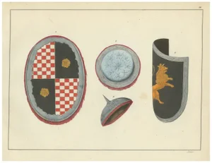 Ornate Medieval and Renaissance Shields, 1842, Lithograph