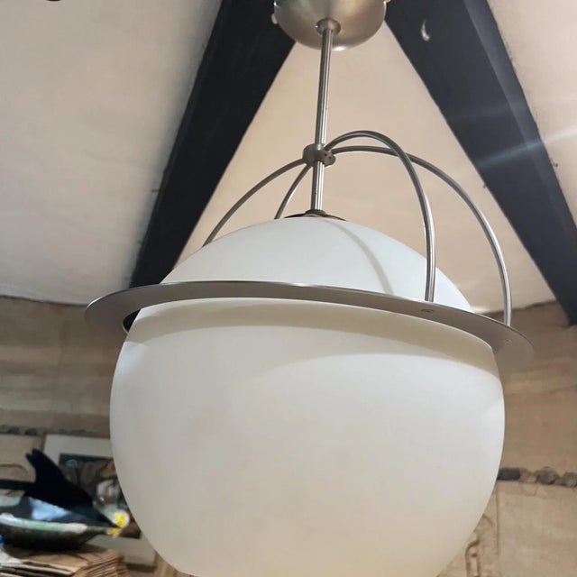 White 1960s Frosted Glass Pendant Lamp in Vico Magistretti Style Mid Century Modern For Sale - Image 8 of 11