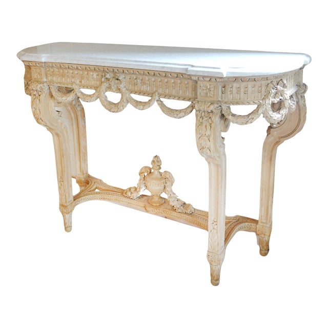 Bleached Wood and Matte Marble Topped Louis XVI Style Console Table For Sale