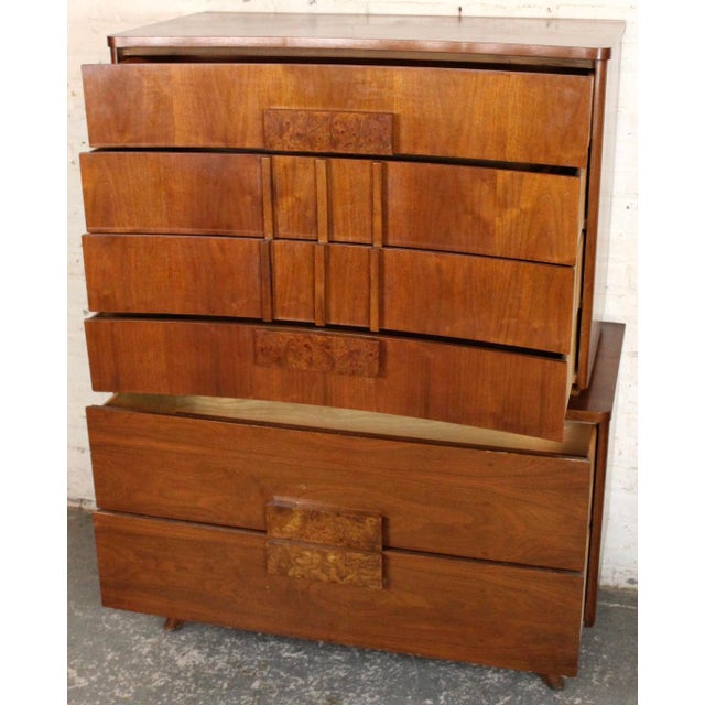 Mid 20th Century Modern Walnut Highboy Dresser With Burl Handles For Sale - Image 10 of 10