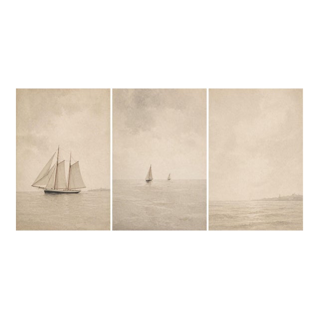 Coastal Horizon Series, Minimal Sailboat Seascape Art Prints, 24" × 36" (Set of 3) For Sale
