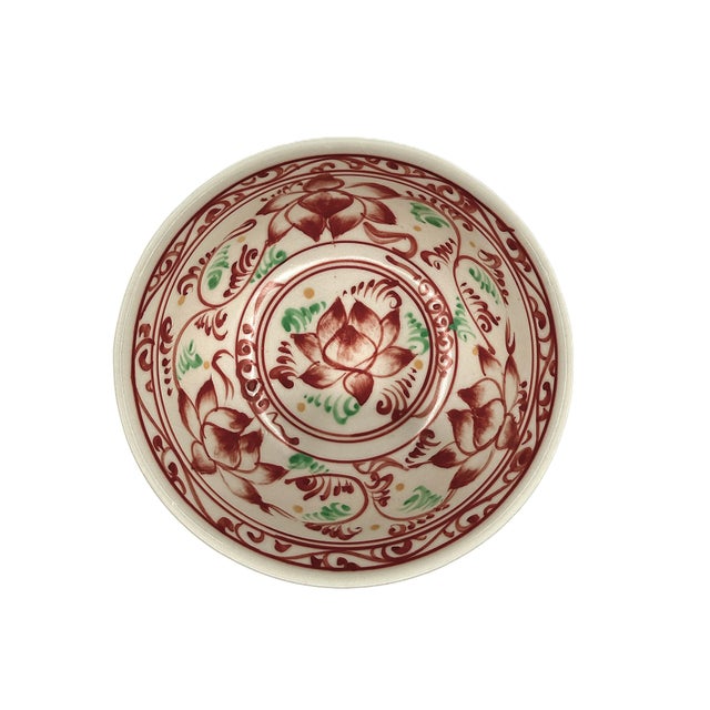 Contemporary Set of 6 Bat Trang Vietnamese Ceramic Multipurpose Bowls Hand Painted in Red and Celadon Lotus Floral Motif For Sale - Image 3 of 11