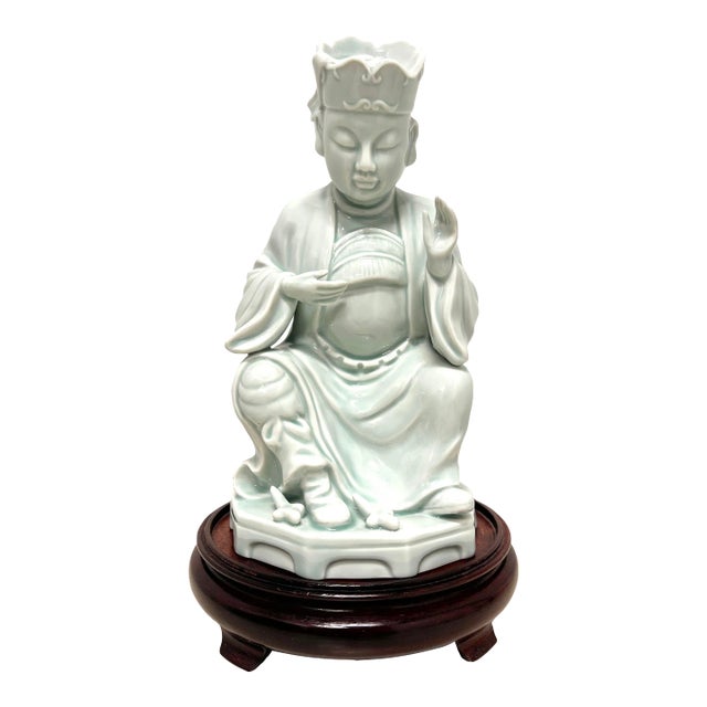 Andrea by Sadek Blue Porcelain Buddha Figurine on Stand For Sale