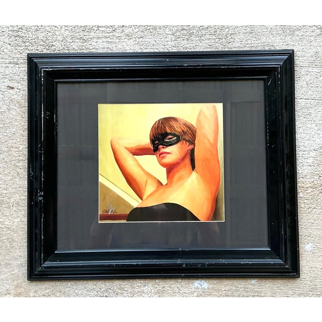 Vintage Masked Lady Oil Print in Black Frame For Sale In West Palm - Image 6 of 14