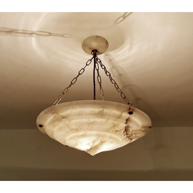 French Art Deco pendant light with genuine alabaster marble stepped shade , burnished copper chain suspension, alabaster...