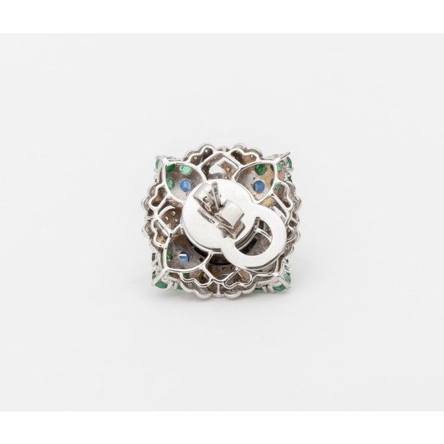 Metal Art Deco Style 18k White Gold, Pearl, Multicolor Gemstones, and Diamond Earrings For Sale - Image 7 of 10
