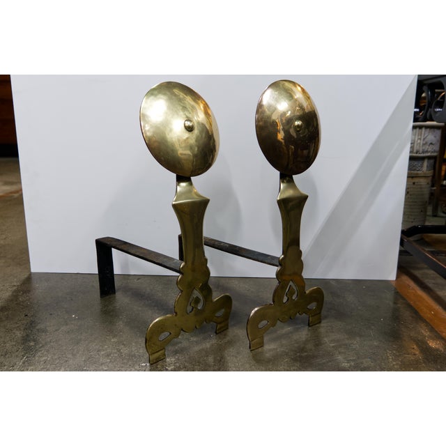 Early 18th Century Early to Mid 18th Century Brass Fire Dogs Andirons With Disc Finial a Pair For Sale - Image 5 of 6