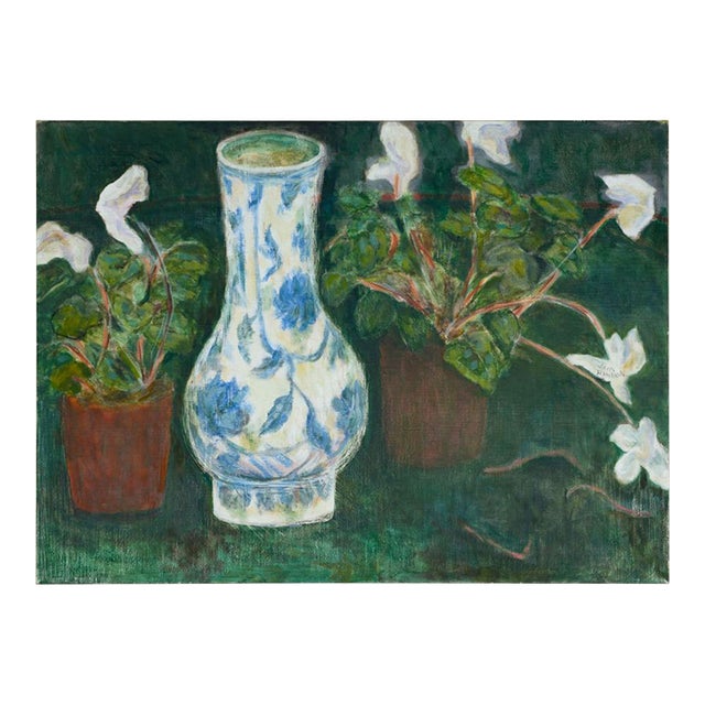 Blue and White Vase With Cyclamen by Jean Hannon For Sale
