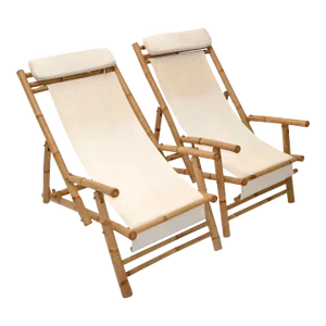 1970s Bamboo, Brass, and Linen Folding Lounge Chairs - A Pair