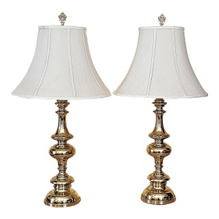 Pair of Tall Brass Table Lamps With Ivory Bell Shades – Hollywood Regency Style For Sale