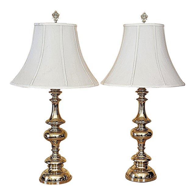 Pair of Tall Brass Table Lamps With Ivory Bell Shades – Hollywood Regency Style For Sale