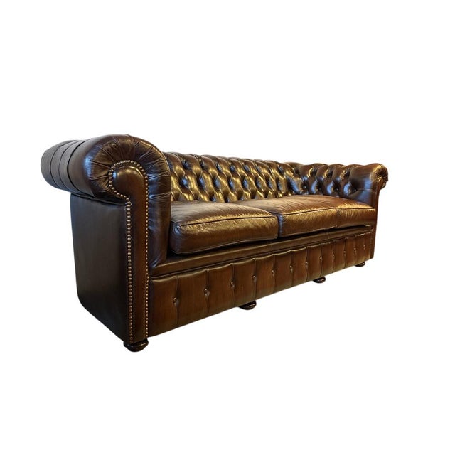 Animal Skin Vintage Brown Leather Chesterfield Sofa For Sale - Image 7 of 9