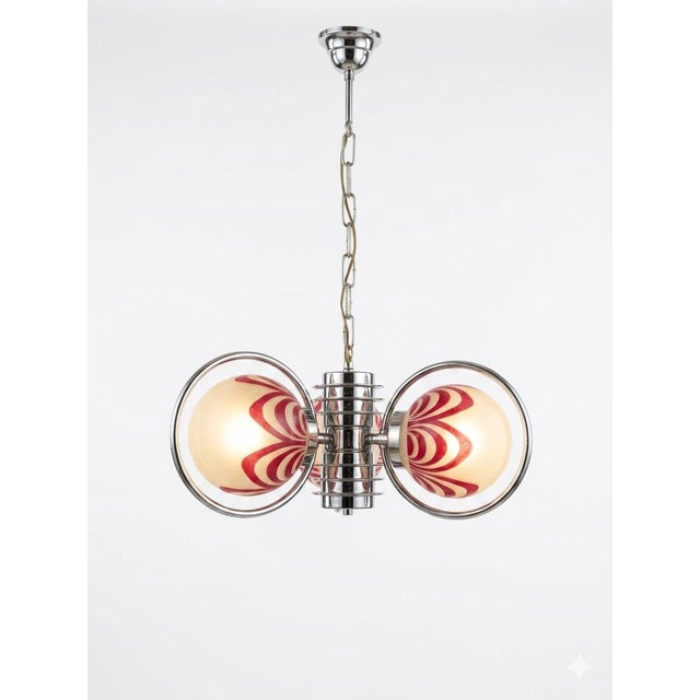 1930s Art Deco Chrome-Plated Chandelier with Red Swirl Glass Shades, 1929 For Sale - Image 5 of 5