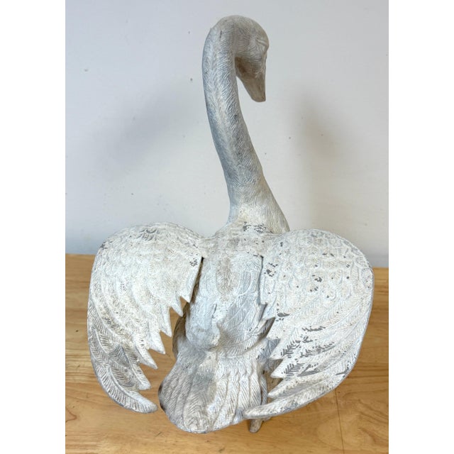 White Pair 20th C. Zinc Alloy Swan Garden Sculptures Good Scale & Weathered Surface For Sale - Image 8 of 18