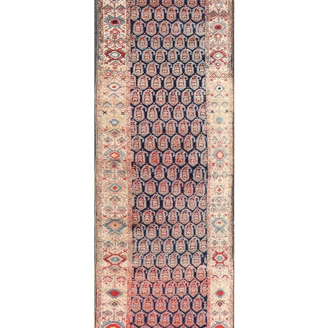 Antique Persian Malayer Long Runner with Paisley Design in Navy Blue Background. Keivan Woven Arts / rug X23-0903, country...