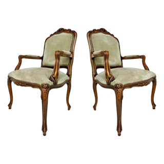 Late 20th Century Italian Chateau d'Ax Carved Armchairs in Suede With Brass NailHeads, Pair For Sale