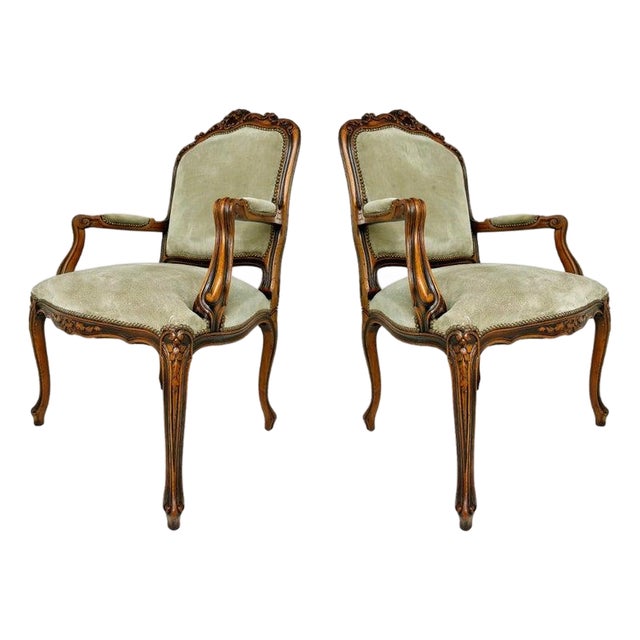 Late 20th Century Italian Chateau d'Ax Carved Armchairs in Suede With Brass NailHeads, Pair For Sale